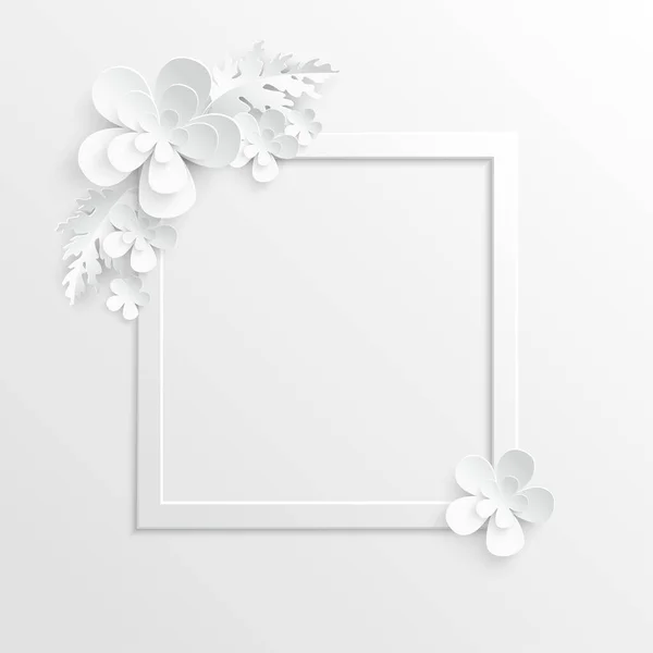 紙の花 抽象的な切り花の正方形のフレーム 白いバラ 心臓だ 結婚式の飾り 装飾的なブライダル花束 白い背景にグリーティングカードテンプレート ベクターイラスト — ストックベクタ