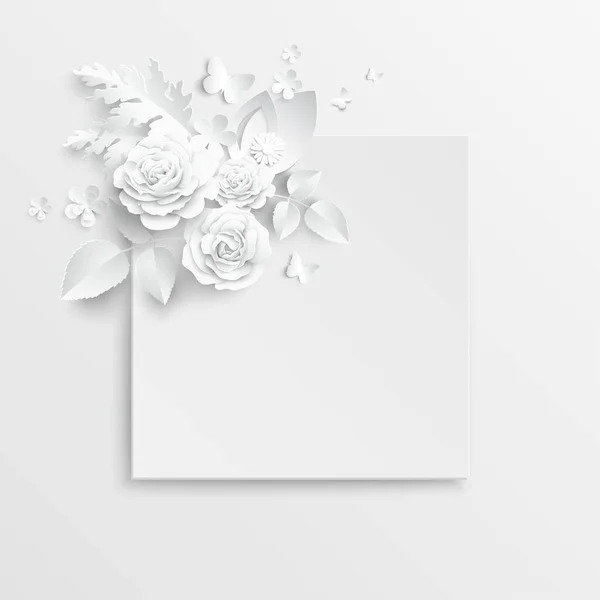 Papierblume Quadratischer Rahmen Mit Abstrakten Schnittblumen Weiße Rose Ein Herz — Stockvektor