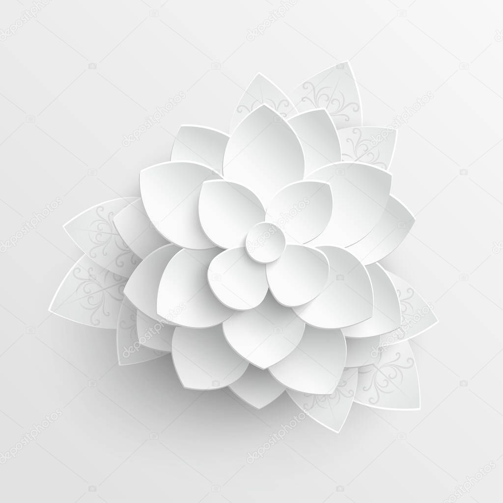 Paper flower. Lotus are cut from paper on a white background. Wedding decorations. Wedding lace. Template greeting card, blank floral wall decor.