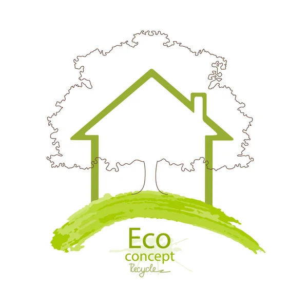 家と木の白い背景に隔離された 木や家のロゴデザインテンプレート 環境に優しい世界 生態学のベクトル図情報グラフィックスの概念 リサイクル — ストックベクタ