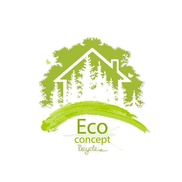 家と木の白い背景に隔離された 木や家のロゴデザインテンプレート 環境に優しい世界 生態学のベクトル図情報グラフィックスの概念 リサイクル — ストックベクタ
