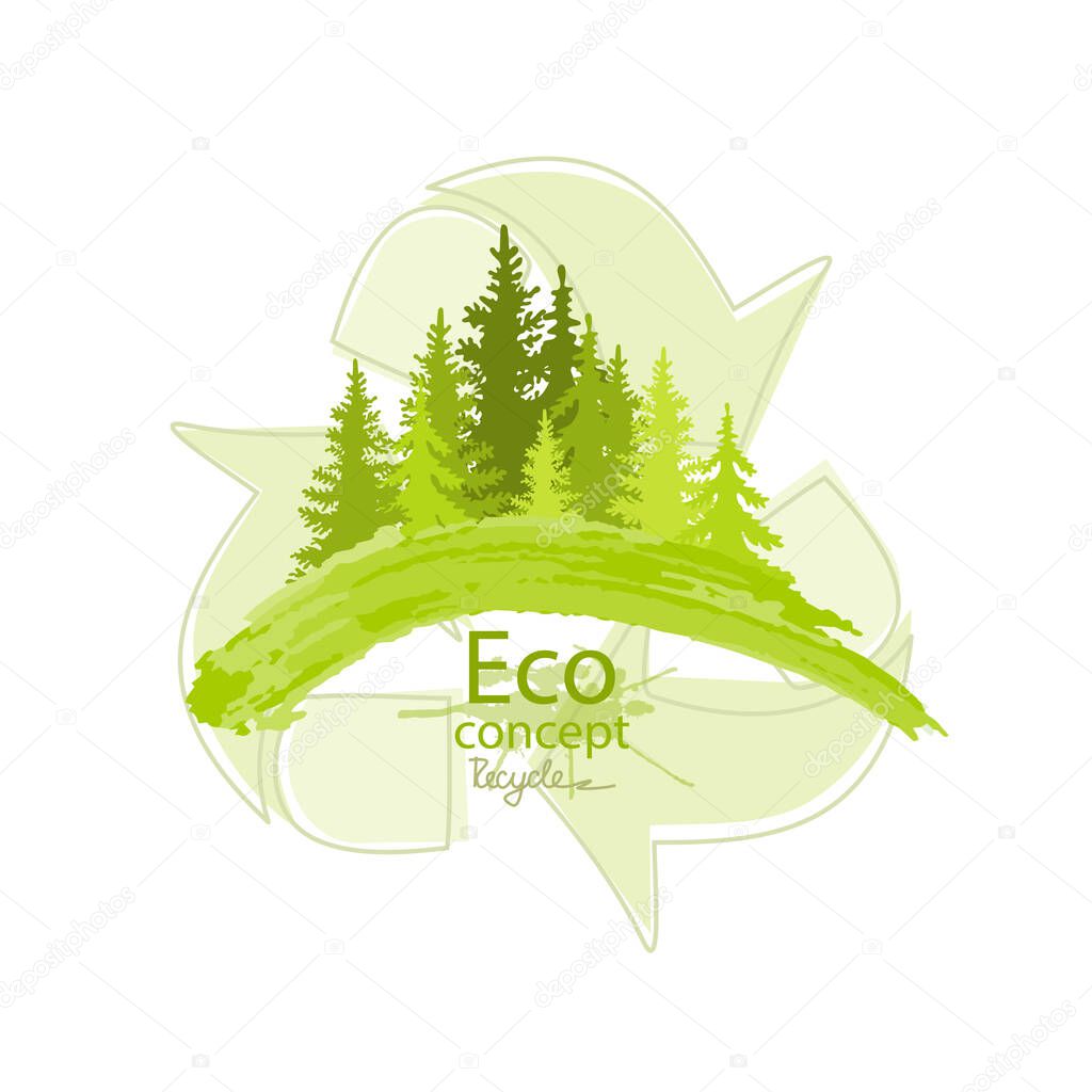 Coniferous forest silhouette template. Environmentally friendly world. Illustration of ecology the concept of info graphics. Vector. Handwriting. Doodle Minimal Style. 