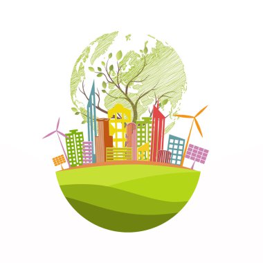 Dünya üzerindeki bir şehir. Ekoloji konsepti. Çevre dostu dünya. Mutlu aile hikayeleri ile küresel çevreye yaratıcı çizimler. Bilgi grafikleri. Simge. Logo. Vektör çizimi. karala.