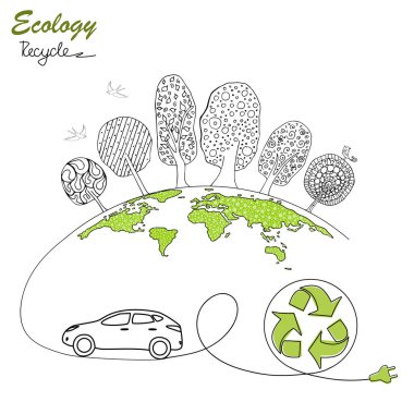 Beyaz arka planda elektrikli araba. Geri dönüşüm sembolü. Çevre dostu dünya. Ekolojinin vektör illüstrasyonu bilgi grafikleri kavramı. Basit modern minimalist stil. El yazısı. El çizimi.