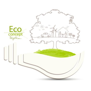 Ampul fikri. Çevre dostu dünya. Yaratıcı ekolojik kavramlar çiziyor. Mutlu aile hikayeleri. Gezegeni kurtarmak için ekoloji kavramı. Vektör çizimi. El yazısı. Kelime