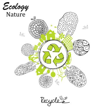 Ecology concept. Environmentally friendly world. Creative drawing on global environment with happy family stories. Info graphics. Icon. Vector illustration of handwriting. Doodle Minimal Style.  clipart