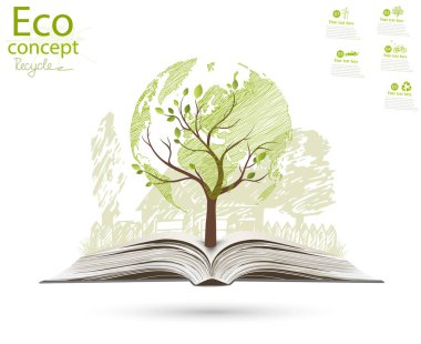 Tahta, dünya haritası şeklinde, yeşil bir evin içinde. Logo tasarım şablonu. Çevre dostu dünya. Geri dönüşüm. Vektör çizimi. Basit minimalist biçim. 