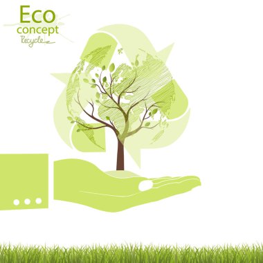 Ağaçtaki yeşil küre. Küresel ağaç. Çevre dostu dünya. Yaratıcı ekolojik kavramlar çiziyor. Mutlu aile hikayeleri. Gezegeni kurtarmak için ekoloji kavramı. Vektör illüstrasyonu. 