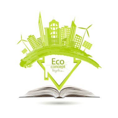 Dünya üzerindeki bir şehir. Ekoloji konsepti. Çevre dostu dünya. Mutlu aile hikayeleri ile küresel çevreye yaratıcı çizimler. Bilgi grafikleri. Simge. Logo. Vektör çizimi. karala.