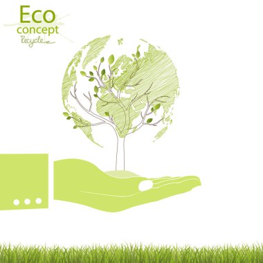 Ağaçtaki yeşil küre. Küresel ağaç. Çevre dostu dünya. Yaratıcı ekolojik kavramlar çiziyor. Mutlu aile hikayeleri. Gezegeni kurtarmak için ekoloji kavramı. Vektör illüstrasyonu. 