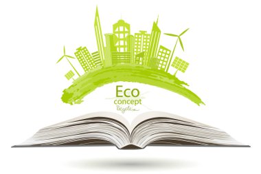 Dünya üzerindeki bir şehir. Ekoloji konsepti. Çevre dostu dünya. Mutlu aile hikayeleri ile küresel çevreye yaratıcı çizimler. Bilgi grafikleri. Simge. Logo. Vektör çizimi. karala.