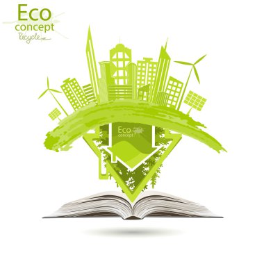 Dünya üzerindeki bir şehir. Ekoloji konsepti. Çevre dostu dünya. Mutlu aile hikayeleri ile küresel çevreye yaratıcı çizimler. Bilgi grafikleri. Simge. Logo. Vektör çizimi. karala.