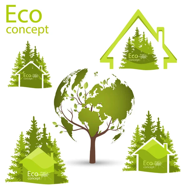 世界の地図の形で 緑の家の中に 地球と家のロゴデザインテンプレート 環境に優しい世界 リサイクル ベクトルイラスト シンプルなミニマリズムスタイル — ストックベクタ