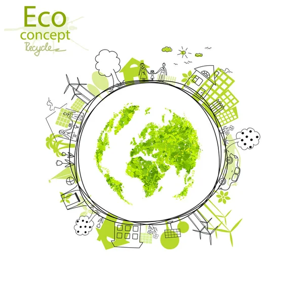 Concetto Ecologia Mondo Ecologico Disegno Creativo Ambiente Globale Con Storie — Vettoriale Stock