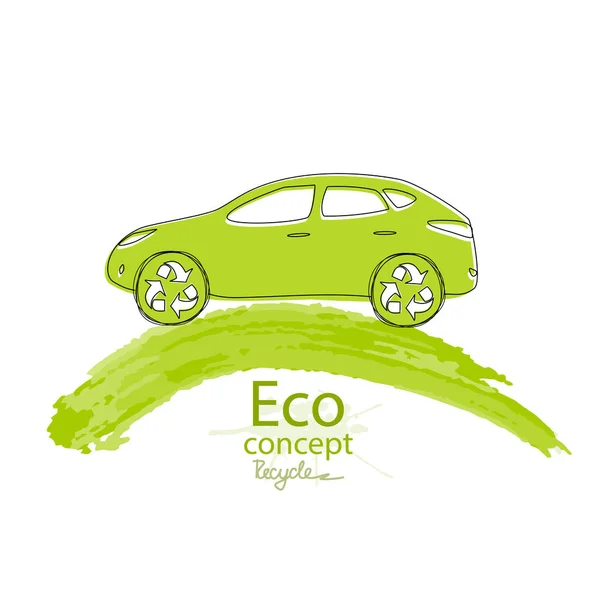 白い背景に電気自動車 リサイクルシンボル 環境に優しい世界 生態学のベクトル図情報グラフィックスの概念 シンプルな現代的なミニマリズムスタイル 手書きだ 手描き — ストックベクタ