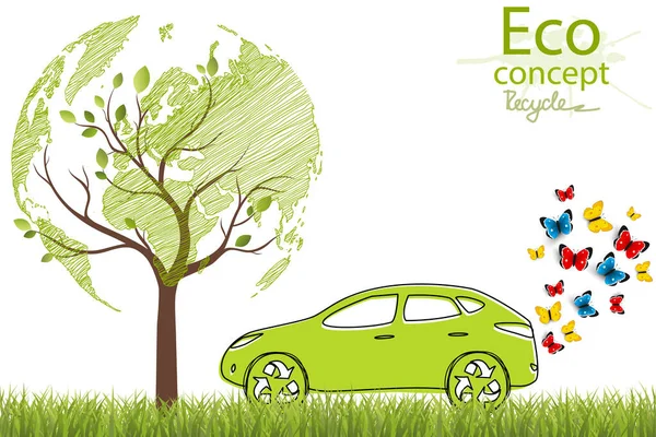 Voiture Électrique Sur Fond Blanc Symbole Recyclage Monde Respectueux Environnement — Image vectorielle