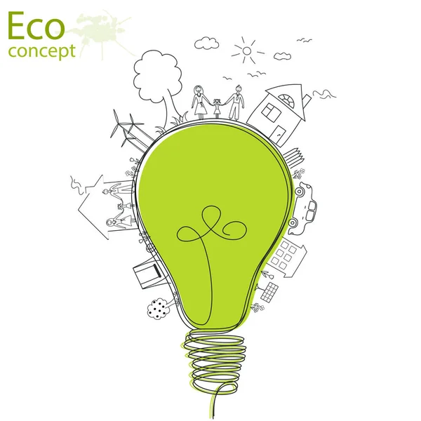 Idea Lampadina Mondo Ecologico Disegno Creativo Concetti Ecologici Buone Storie — Vettoriale Stock