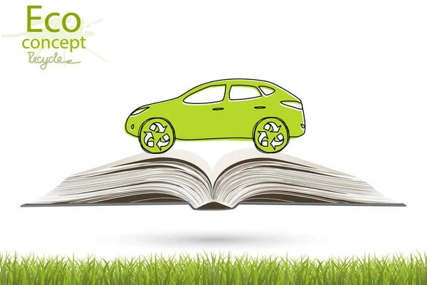 Beyaz arka planda elektrikli araba. Geri dönüşüm sembolü. Çevre dostu dünya. Ekolojinin vektör illüstrasyonu bilgi grafikleri kavramı. Basit modern minimalist stil. El yazısı. El çizimi.