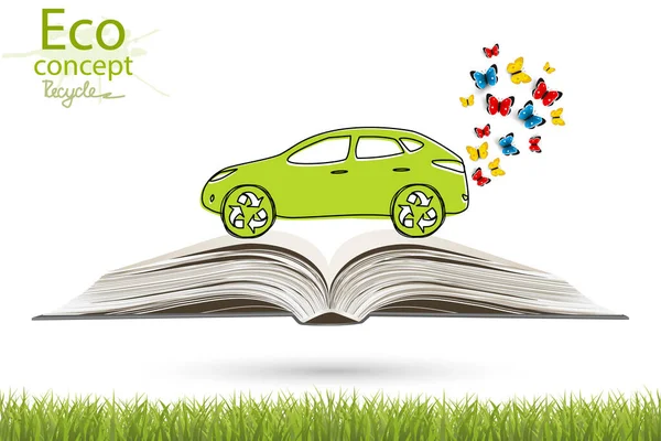 Beyaz arka planda elektrikli araba. Geri dönüşüm sembolü. Çevre dostu dünya. Ekolojinin vektör illüstrasyonu bilgi grafikleri kavramı. Basit modern minimalist stil. El yazısı. El çizimi.