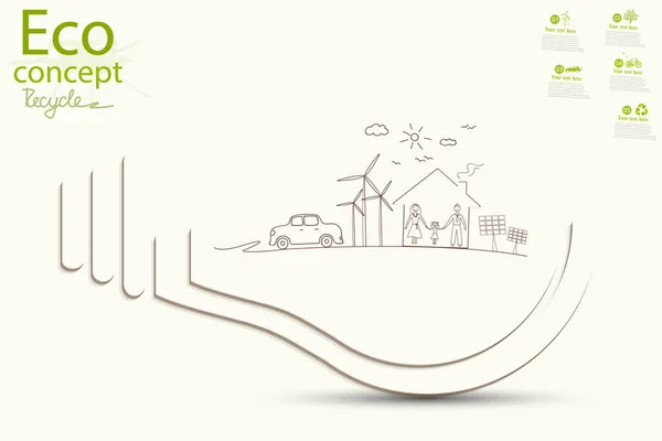 灯泡的想法 环境友好型世界 创造性地画出生态概念 快乐的家庭故事 生态的概念 拯救地球 矢量图解 手写体Doodle — 图库矢量图片
