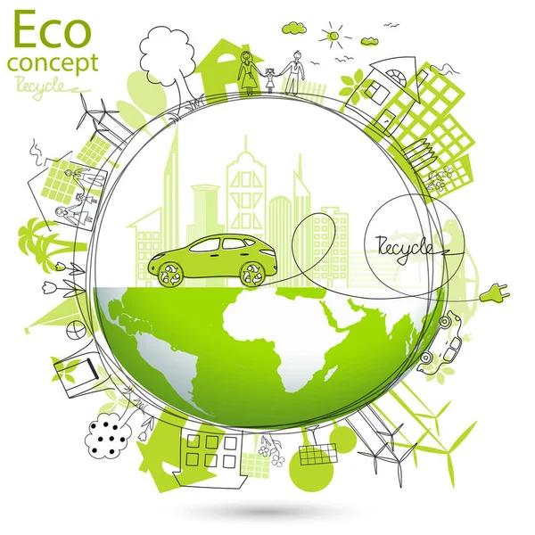 Koncepcja Ekologiczna Przyjazny Środowisku Świat Kreatywne Czerpanie Globalnego Środowiska Szczęśliwymi — Wektor stockowy