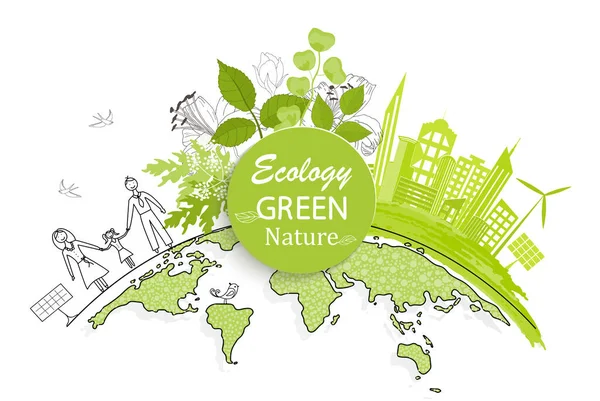 Staden Jorden Ekologiskt Koncept Miljövänlig Värld Kreativ Teckning Global Miljö — Stock vektor