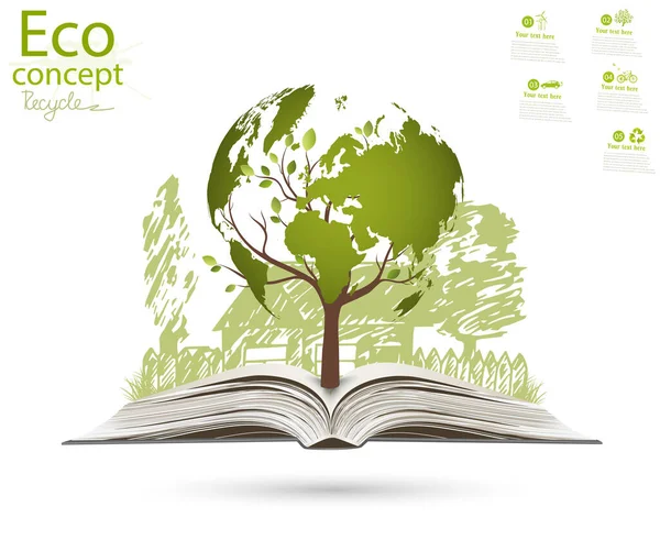 Дерево Вигляді Карти Світу Всередині Зеленого Будинку Шаблон Дизайну Логотипу — стоковий вектор