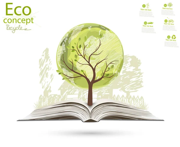 Tahta, dünya haritası şeklinde, yeşil bir evin içinde. Logo tasarım şablonu. Çevre dostu dünya. Geri dönüşüm. Vektör çizimi. Basit minimalist biçim. 