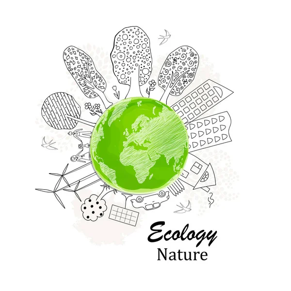 生态概念 环境友好型世界 创意来自具有快乐家庭故事的全球环境 信息图形 艾康笔迹的矢量图解 Doodle最小风格 — 图库矢量图片