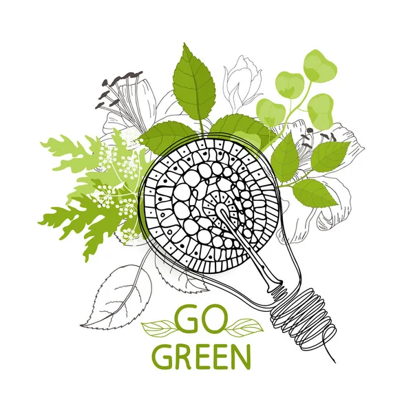 Зеленый Свет Экологическая Концепция Идея Лампочки Творческое Рисование Экологических Концепций — стоковый вектор