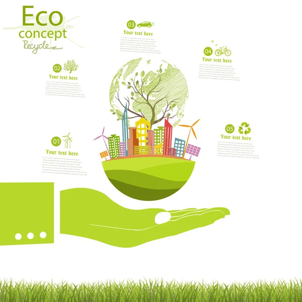 The city on the globe. Ecology concept. Environmentally friendly world. Creative drawing on global environment with happy family stories. Info graphics. Icon. Logo. Vector illustration. doodle.