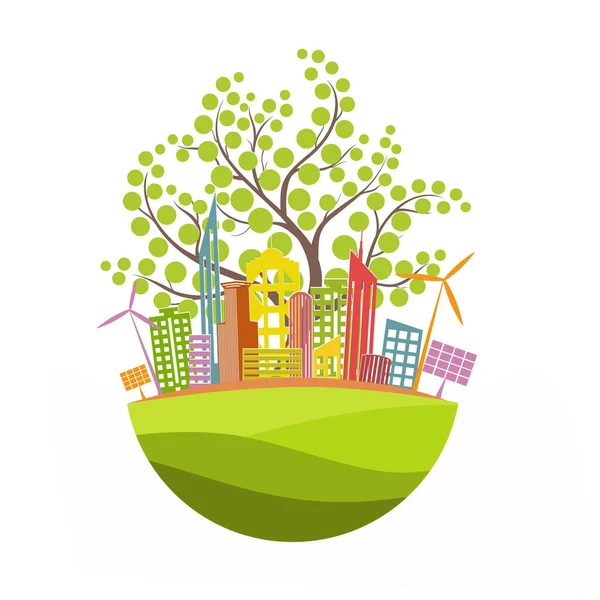 Dünya üzerindeki bir şehir. Ekoloji konsepti. Çevre dostu dünya. Mutlu aile hikayeleri ile küresel çevreye yaratıcı çizimler. Bilgi grafikleri. Simge. Logo. Vektör çizimi. karala.