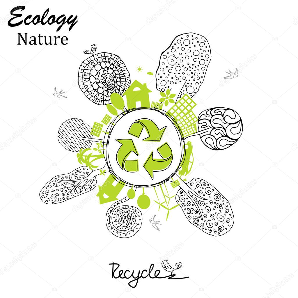 Ecology concept. Environmentally friendly world. Creative drawing on global environment with happy family stories. Info graphics. Icon. Vector illustration of handwriting. Doodle Minimal Style. 