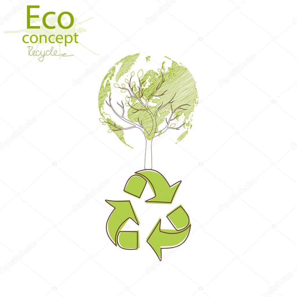 Green globe on the tree. Tree with globe. Environmentally friendly world. Creative drawing ecological concepts. Happy family stories. The concept of ecology, to save the planet. Vector illustration. 