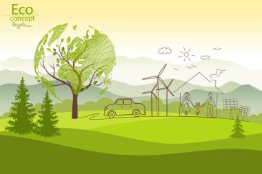 Çevre dostu dünya. Mutlu bir ailenin ekolojik tarih konsepti. Çevre dostu. Karalayın. Siyah çizgi. Doodle Minimal tarzı. Vektör el yazısı illüstrasyonu. 