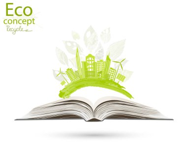 Açık bir kitaptaki şehir. Çevre dostu dünya. Ekolojinin Vektör İllüstrasyonu bilgi grafikleri kavramı. Simge. Çevre dostu dünya. Minimalist stil. Yeşil.
