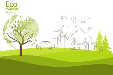 Çevre dostu dünya. Mutlu bir ailenin ekolojik tarih konsepti. Çevre dostu. Karalayın. Siyah çizgi. Doodle Minimal tarzı. Vektör el yazısı illüstrasyonu. 