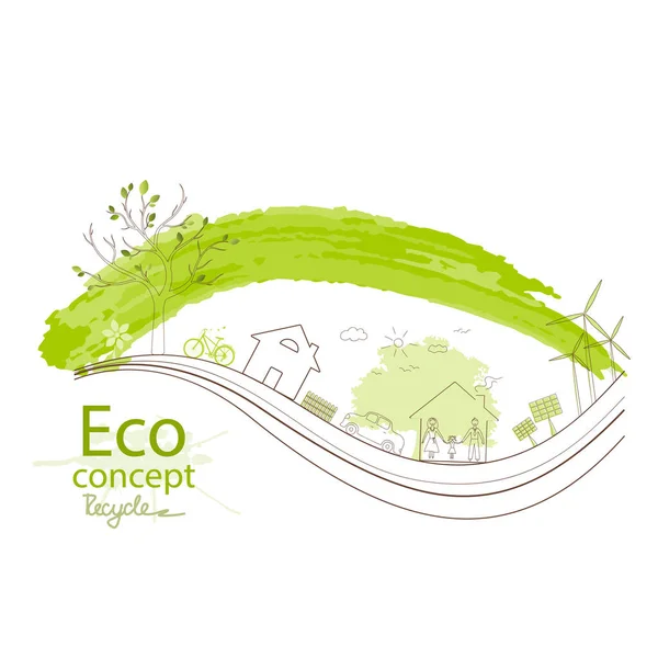 Mondo Ecologico Storia Ecologica Concetto Una Famiglia Felice Eco Friendly — Vettoriale Stock