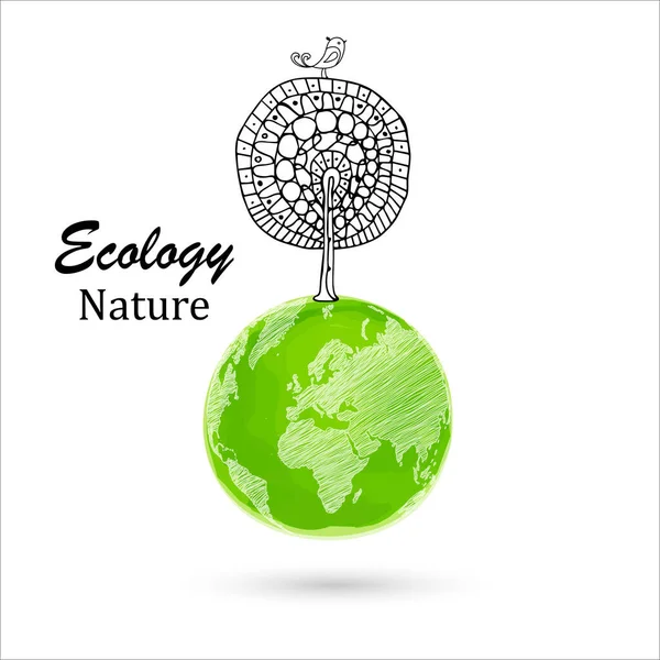 Árbol Globo Logo Árboles Dibujados Globo Estilo Garabato Concepto Ecología — Archivo Imágenes Vectoriales