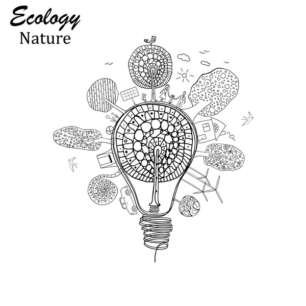 灯泡里的树 灯泡的想法 黑白色涂鸦画 幸福家庭的生态历史概念 生态友好 环境友好型世界 矢量图解 — 图库矢量图片
