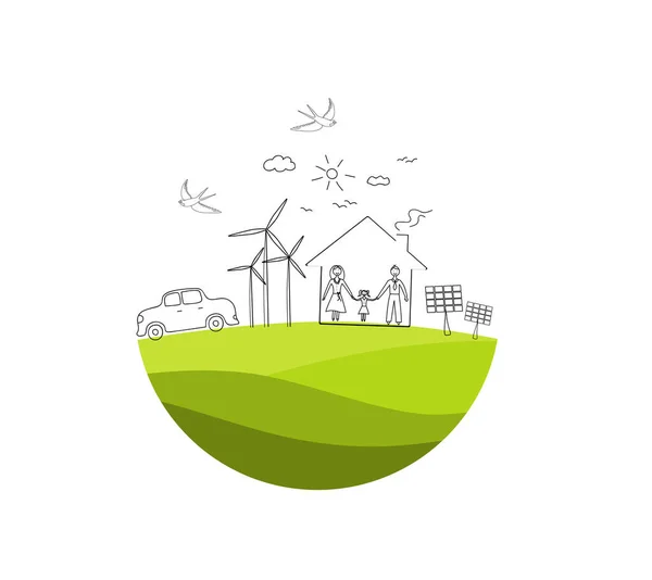 Çevre dostu dünya. Mutlu bir ailenin ekolojik tarih konsepti. Çevre dostu. Karalayın. Siyah çizgi. Doodle Minimal tarzı. Vektör el yazısı illüstrasyonu. 