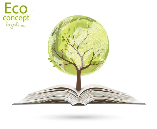 以世界地图的形式 从一本打开的书上升起 书架上有一个地球仪的树 环境友好型世界 创造性地画出生态概念 快乐的家庭故事 — 图库矢量图片