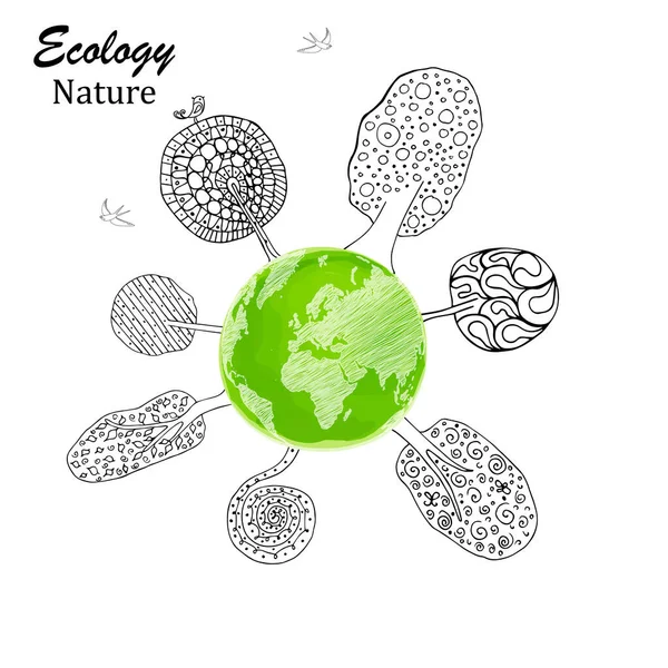 Drzewo Świecie Logo Narysowane Drzewa Kula Stylu Bazgrołów Koncepcja Ekologii — Wektor stockowy