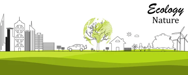 Çevre dostu dünya. Mutlu bir ailenin ekolojik tarih konsepti. Çevre dostu. Karalayın. Siyah çizgi. Doodle Minimal tarzı. Vektör el yazısı illüstrasyonu. 