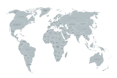 Dünya haritası kağıdı. Gri bir arka planda dünyanın politik haritası. Ülkeler. Vektör çizimi. Beyaz.