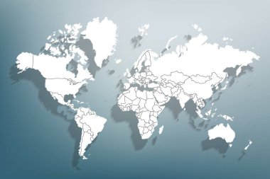 Dünya haritası kağıdı. Gri bir arka planda dünyanın politik haritası. Ülkeler. Vektör çizimi. Beyaz.