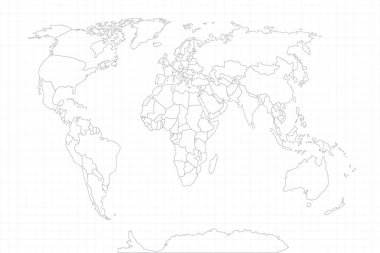 Dünya haritası kağıdı. Gri bir arka planda dünyanın politik haritası. Ülkeler. Vektör çizimi. Beyaz.