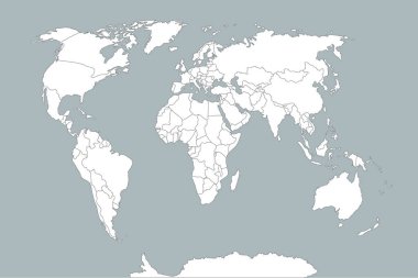 Dünya haritası kağıdı. Gri bir arka planda dünyanın politik haritası. Ülkeler. Vektör çizimi. Beyaz.