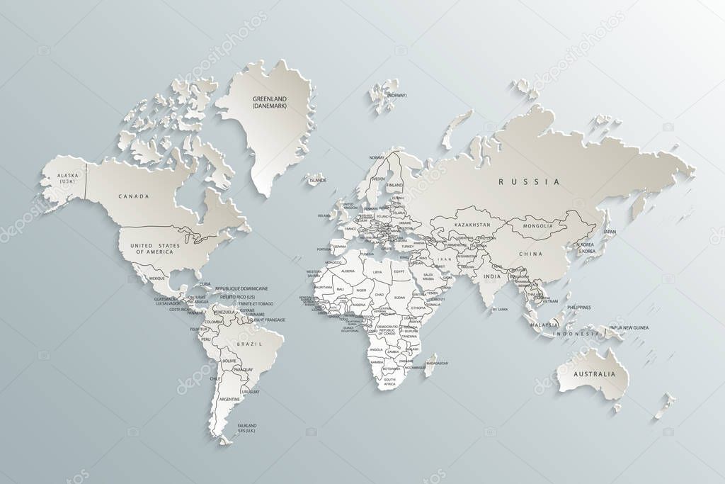 World map paper. Political map of the world on a gray background. Countries. Vector illustration. White.