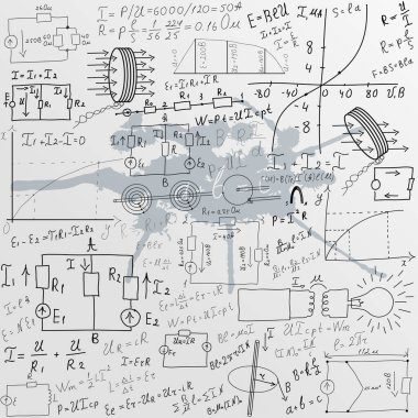 - Bilim. Matematiksel denklemler ve formüllerin arkaplanındaki okul kurulu. Fizik. El çizimi şemalar ve grafikler. Karalama. El yazısının vektör illüstrasyonu. El yazısı.